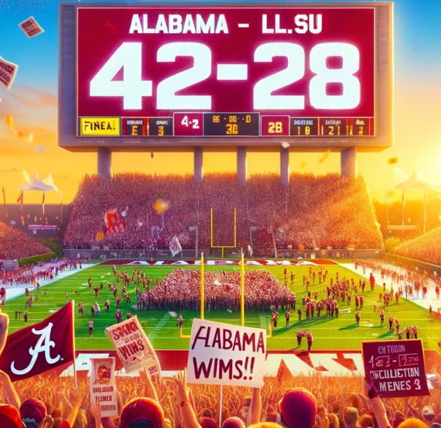 DALL·E 2023-11-05 17.29.53 - A vibrant scene showing a scoreboard at a college football stadium with the final score 'Alabama 42 - LSU 28' prominently displayed. Below, crowds of