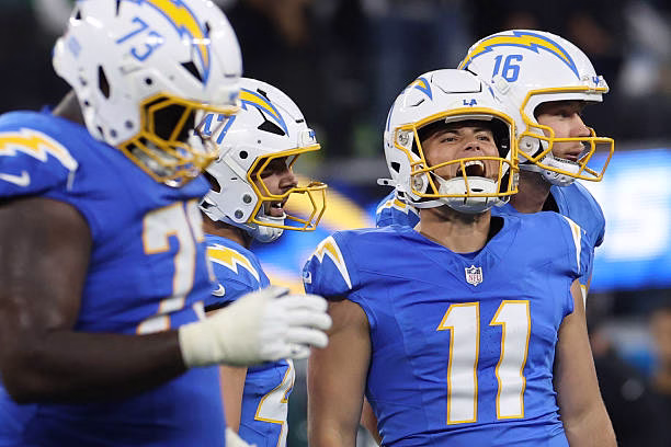 Chargers kicker Cameron Dicker celebrating a field goal with teammates