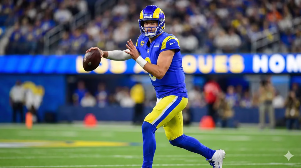 Matthew Stafford throwing a pass during a game for the Los Angeles Rams.