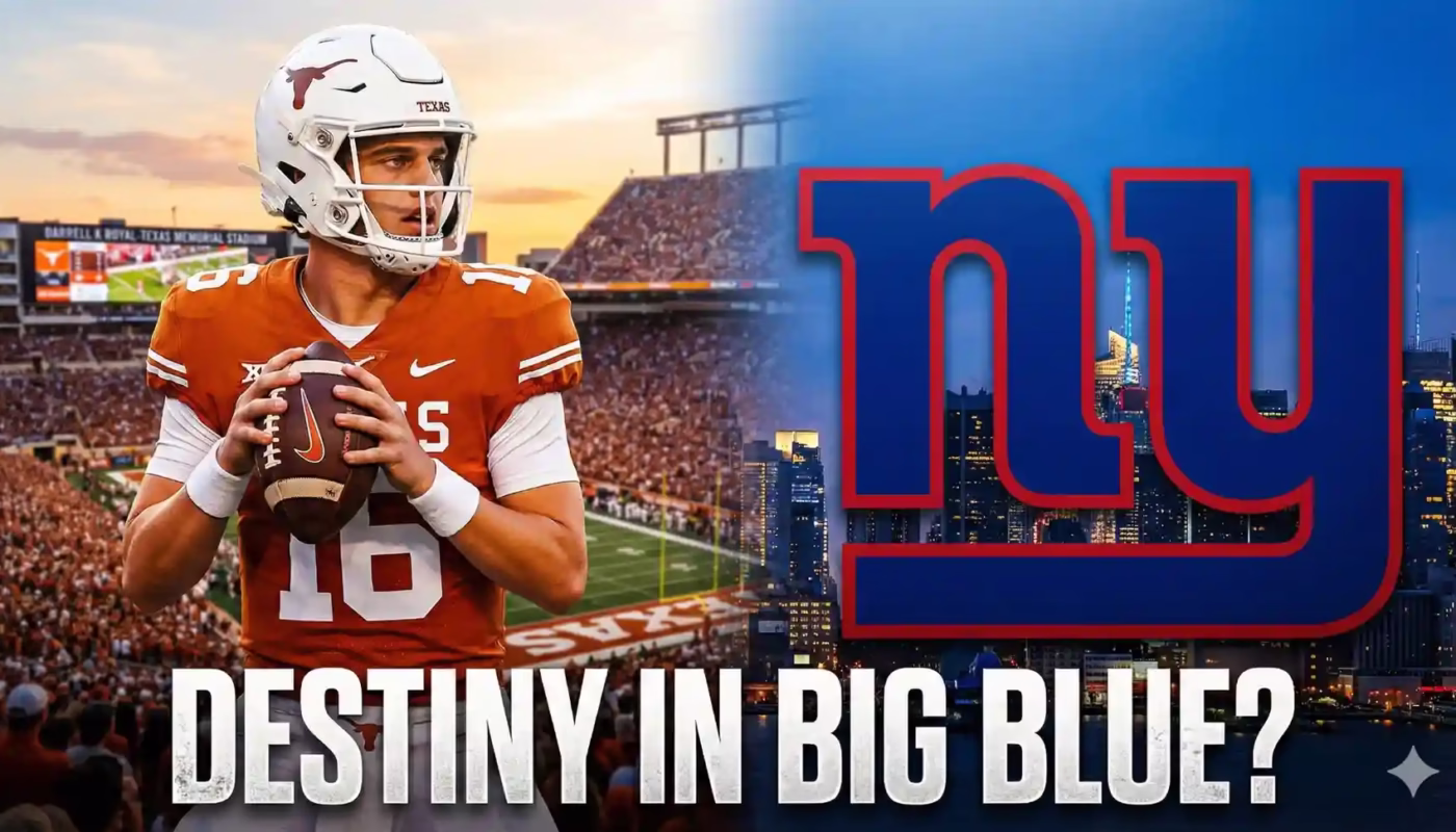 Composite sports graphic. Left side features Texas Longhorns quarterback Arch Manning in a passing stance. Right side features a large NY Giants logo over a dusk New York City skyline. Text overlay reads "DESTINY IN BIG BLUE?"