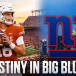 Composite sports graphic. Left side features Texas Longhorns quarterback Arch Manning in a passing stance. Right side features a large NY Giants logo over a dusk New York City skyline. Text overlay reads "DESTINY IN BIG BLUE?"