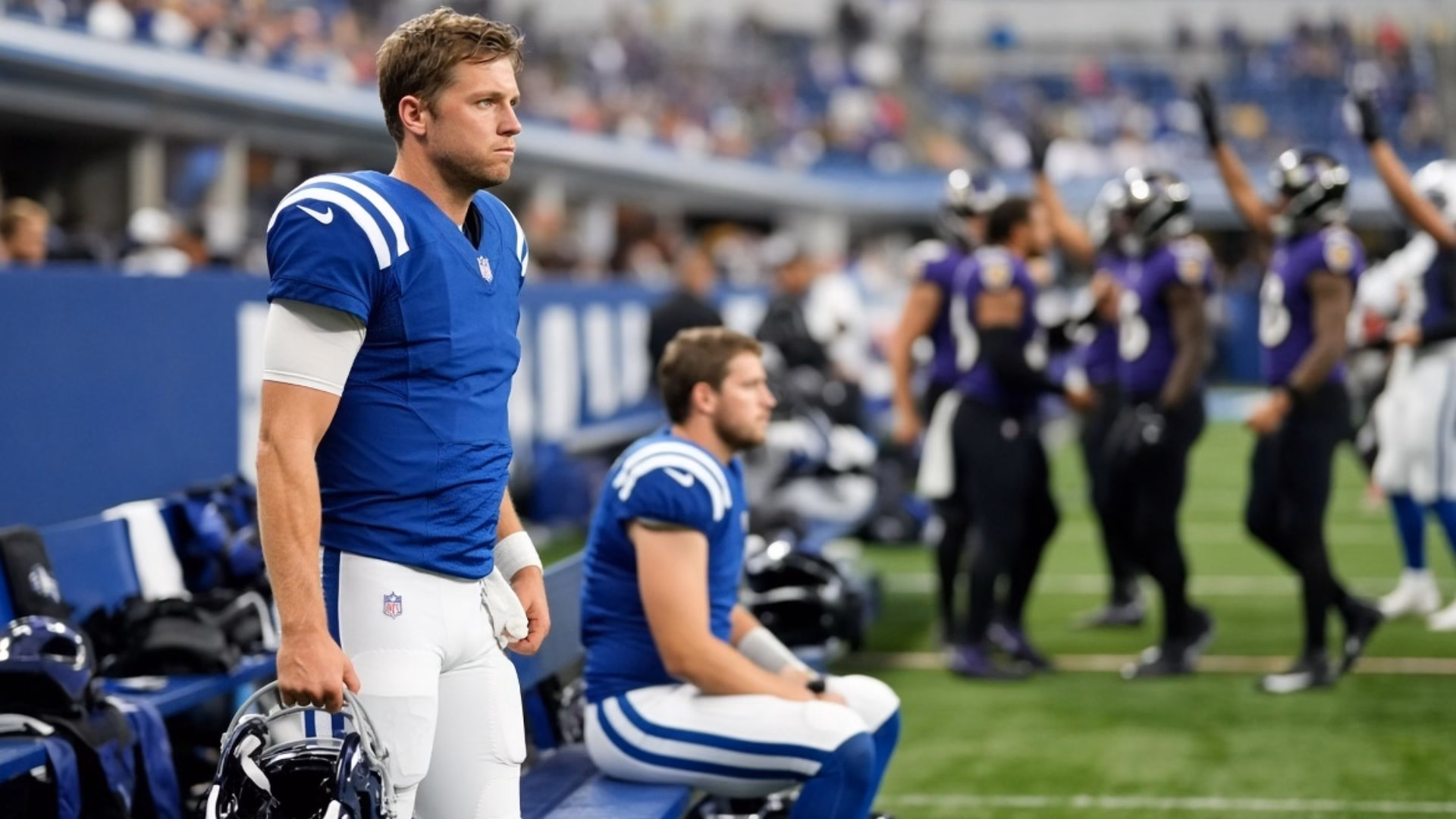 Colts quarterback on the sideline after a loss to the Ravens