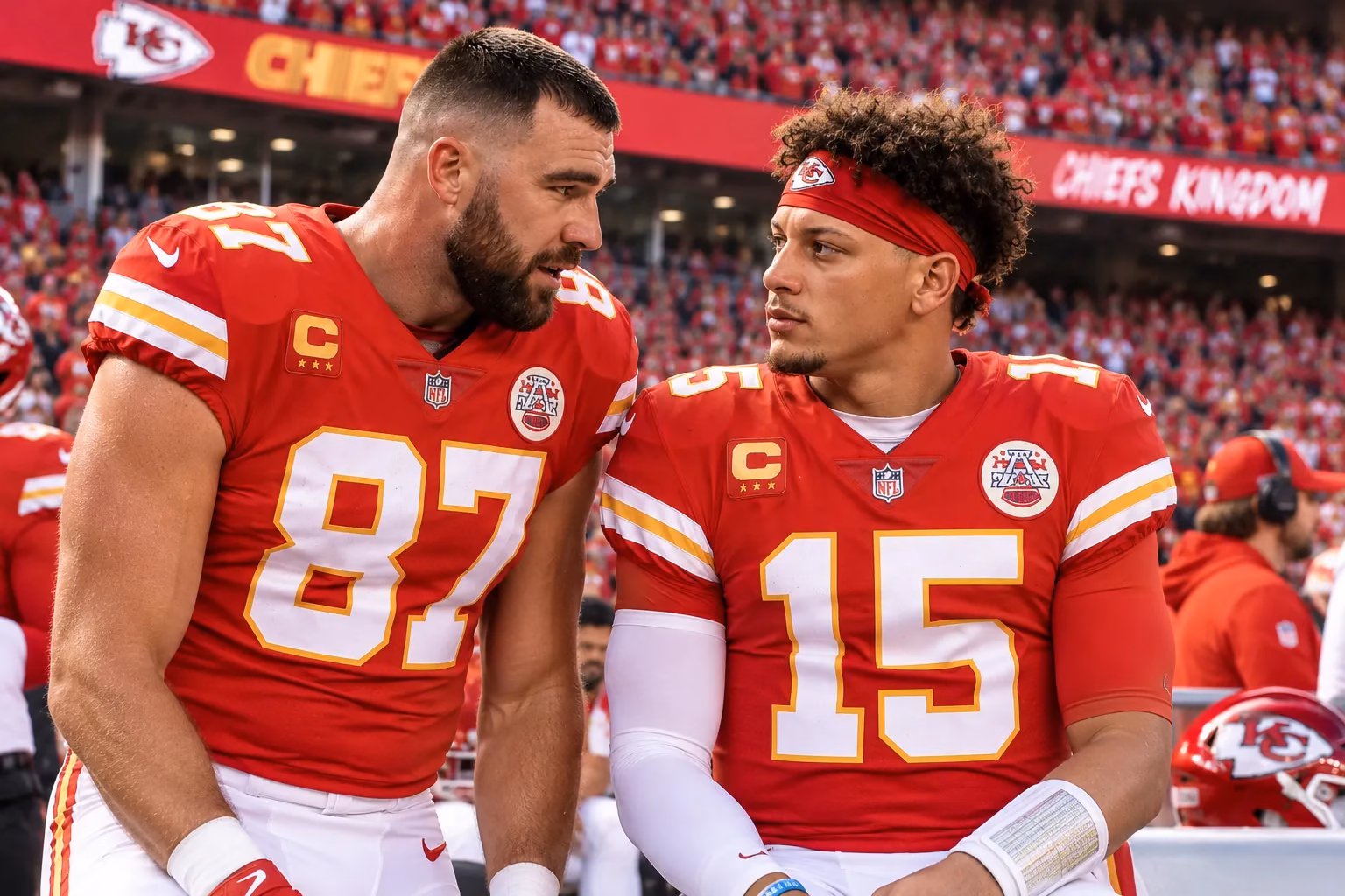 Travis Kelce and Patrick Mahomes on the Chiefs sideline before Week 1