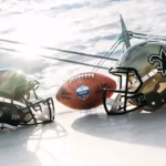 Pittsburgh Steelers and New Orleans Saints helmets with a Paris Game football ahead of the NFL game at Stade de France